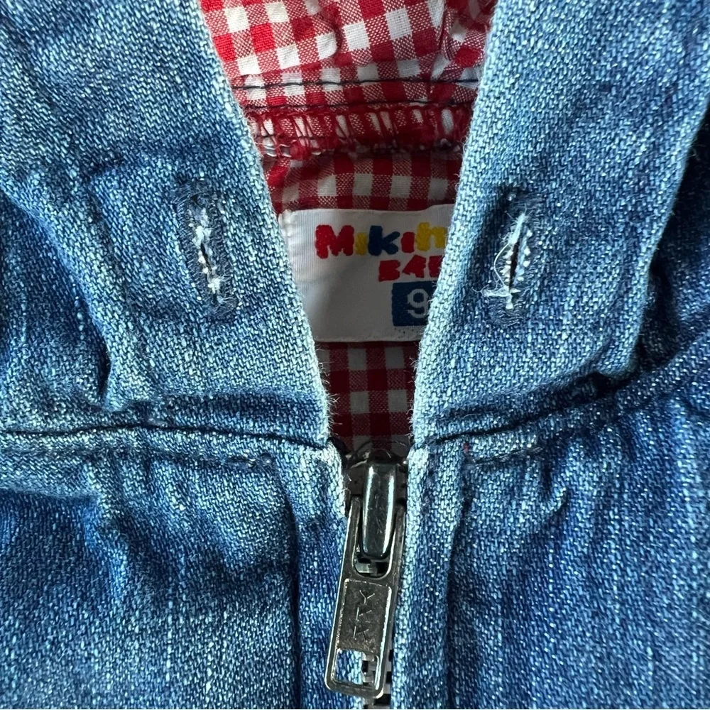 Miki House Baby Bear Pocket Denim Jacket Red Gingham Lightweight Japan 2T GUC